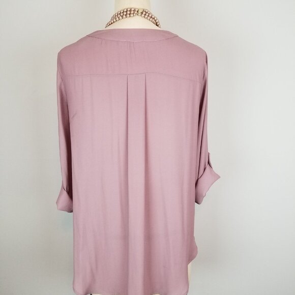 Lush Chiffon V Neck Roll Tab 3/4 Sleeve Mauve Blouse Ladies Size Medium - Picture 6 of 9